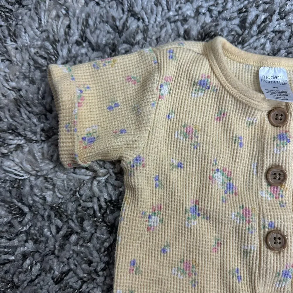 Modern Moments Yellow Floral Waffle Knit Jumpsuit Romper Buttons 24 Months